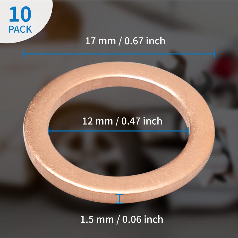 AOIT M12 Copper Oil Drain Plug Crush Washer Gasket Fits for BMW, M12 x 17 x 1.5, 10 Pack - Image 2